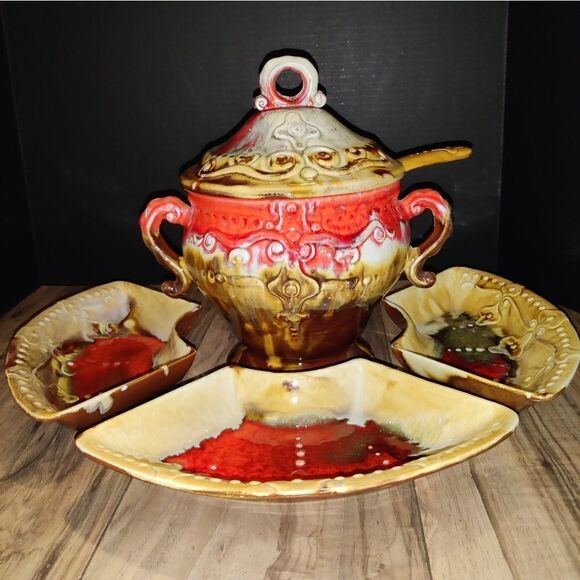 Marcia Of California Vintage Mid Century Soup Tureen MU-1 USA Plate Bowls &Ladle - Picture 3 of 13